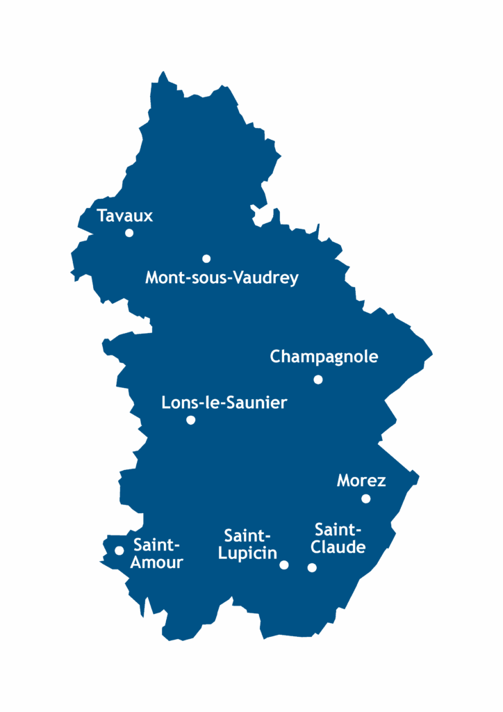 Carte des agences Abrapa dans le Jura : Tavaux, Mont-sous-Vaudrey, Champagnole, Lons-le-Saunier, Morez, Saint-Amour, Saint-Lupicin, Saint-Claude